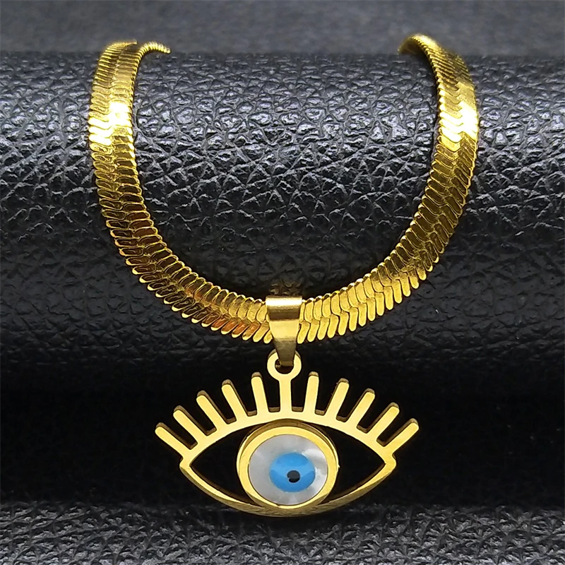 Vintage Shell Evil Blue Eye Choker Necklaces Women Stainless Steel Gold Color Snake Chain Demon Eyes Necklaces Jewelry N3207S04