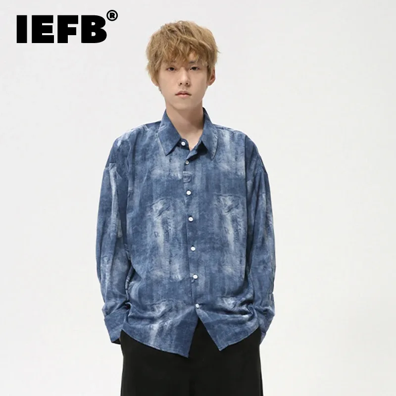 

IEFB New Fashion Men's Shirts Tie-dye Droop Turn-down Collar Long Sleeve Casual Long Sleeve Single Breasetd Male Top Tide 9C7376