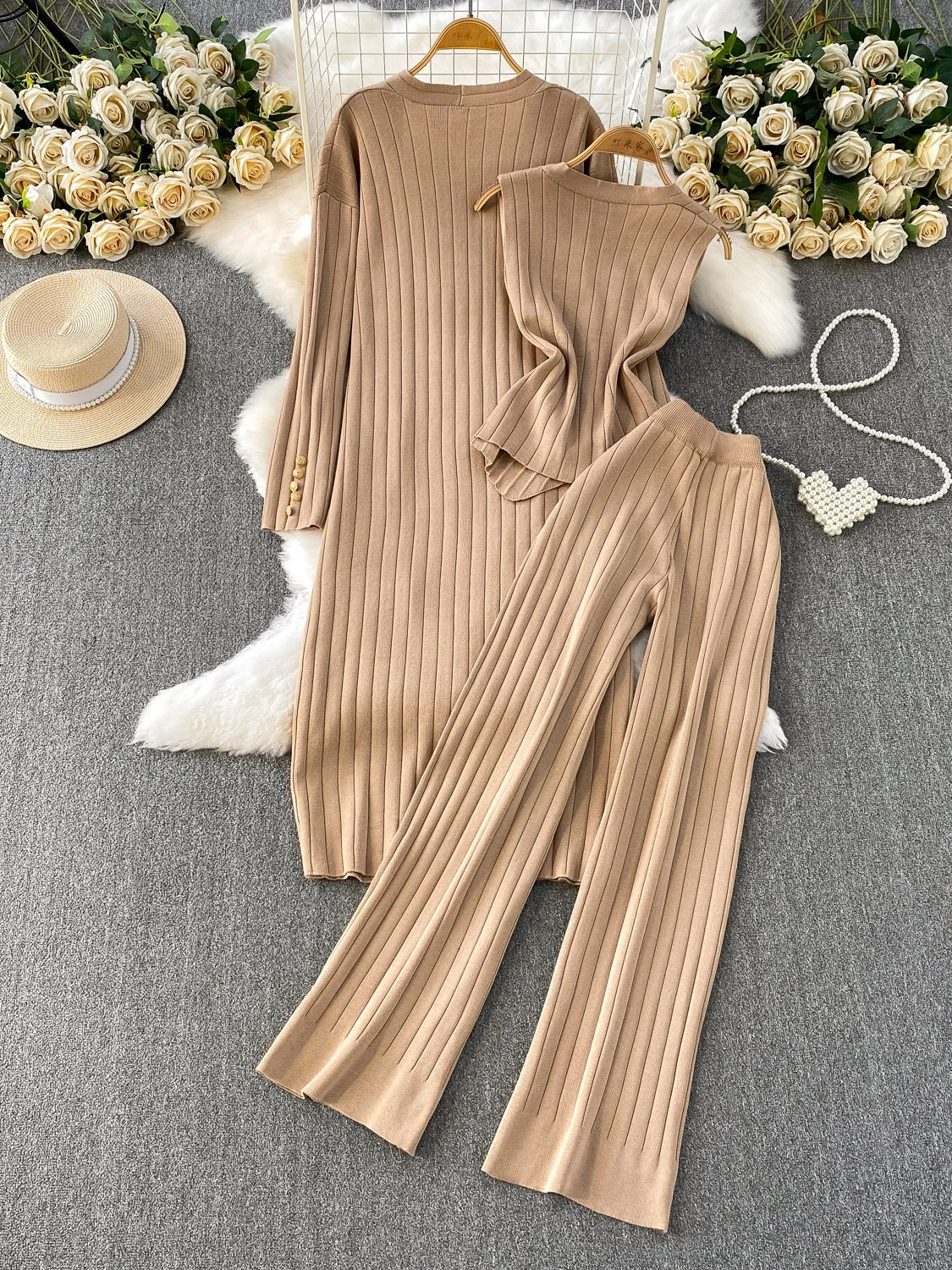 Faionable-cárdigan de punto holgado de gama alta para mujer, chaleco con cintura imperio, conjunto de camiseta, pantalones de pierna ancha, ropa informal de otoño