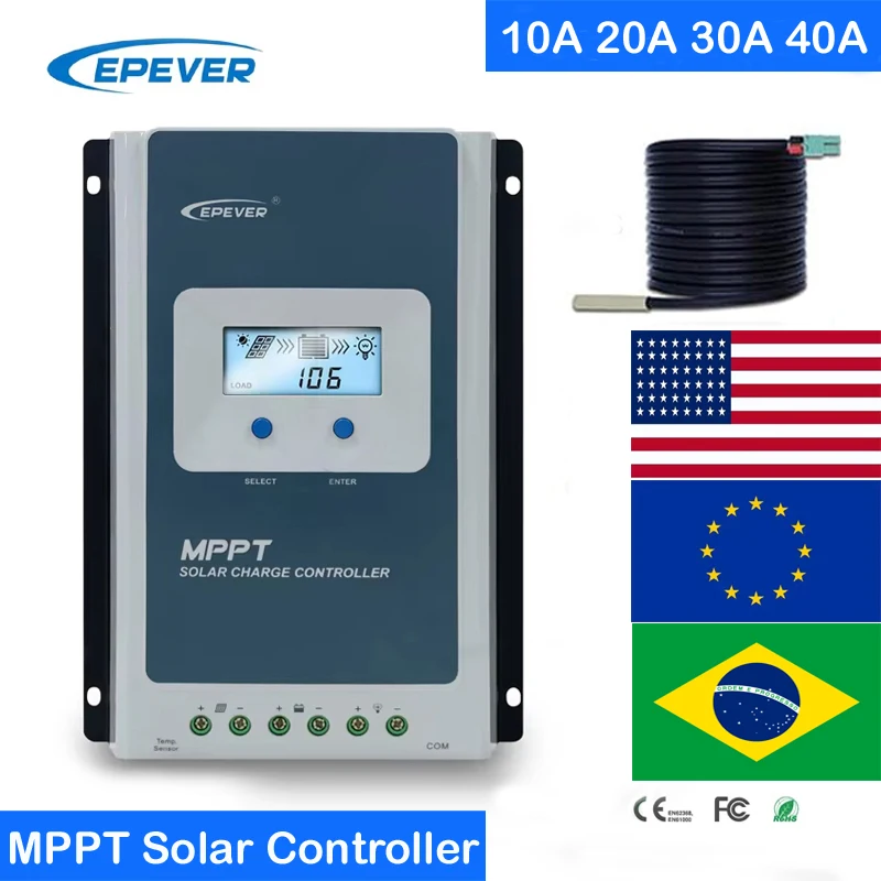 EPever MPPT 10A 20A 30A 40A Solar Charge Controller 12V24V Auto Solar Battery Charger Max PV VOC 100V Tracer1210AN 3210AN 4210AN