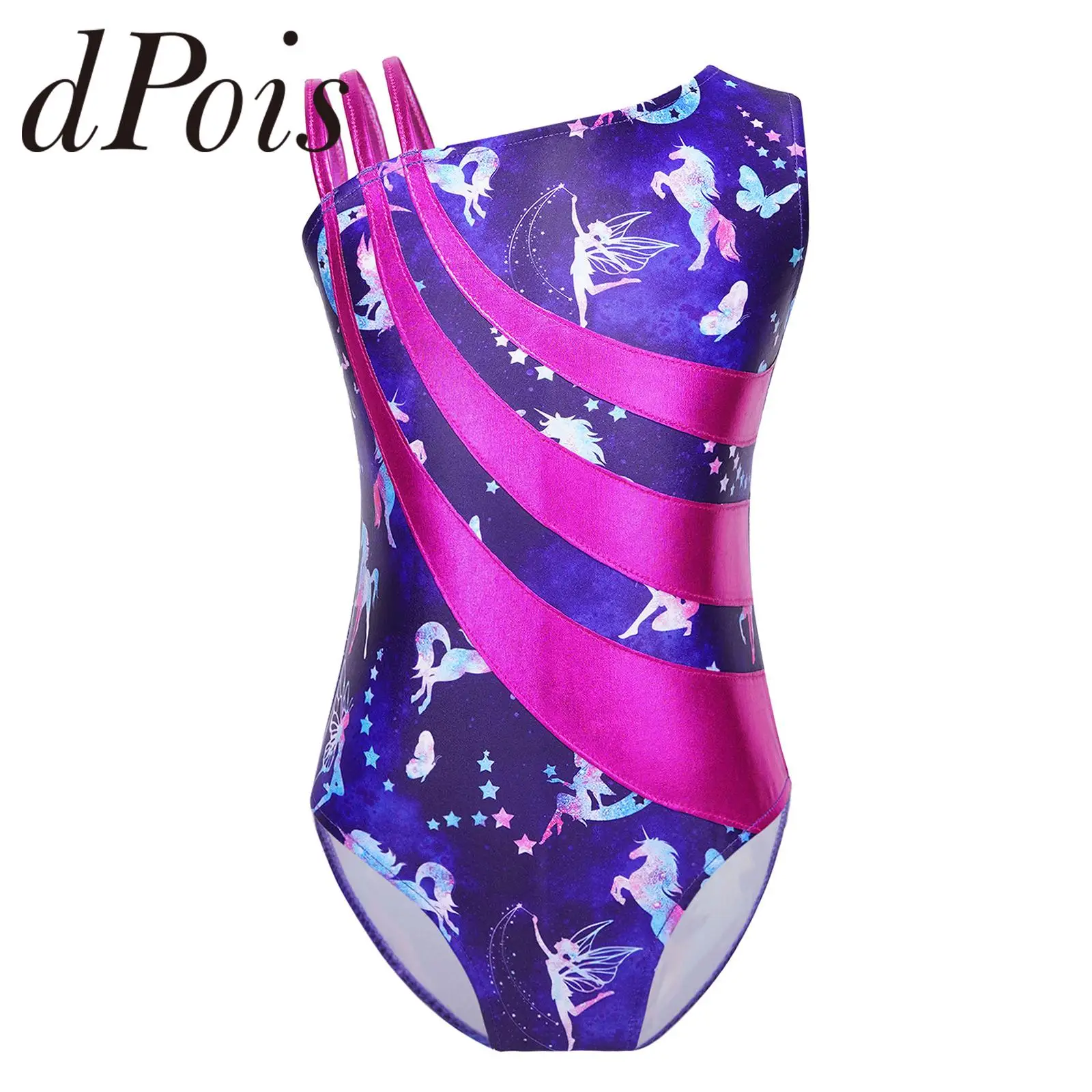 Kids Girls Shiny Metallic Gymnastics Leotard Print Bodysuit Ballet Dance Leotard for Girls Ice Skating Jumpsuit Stage Costume