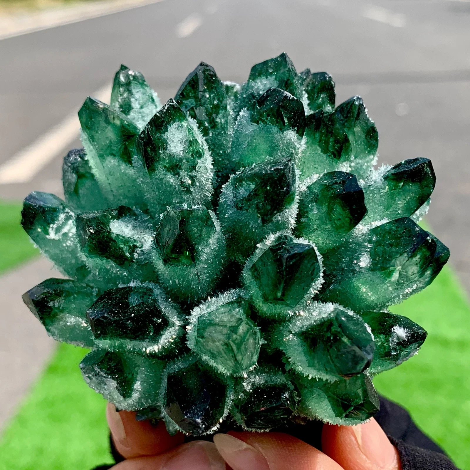 Newly Discovered Green Phantom Crystal Cluster, Green Quartz Cluster, Mineral, And Reiki Healing Cluster
