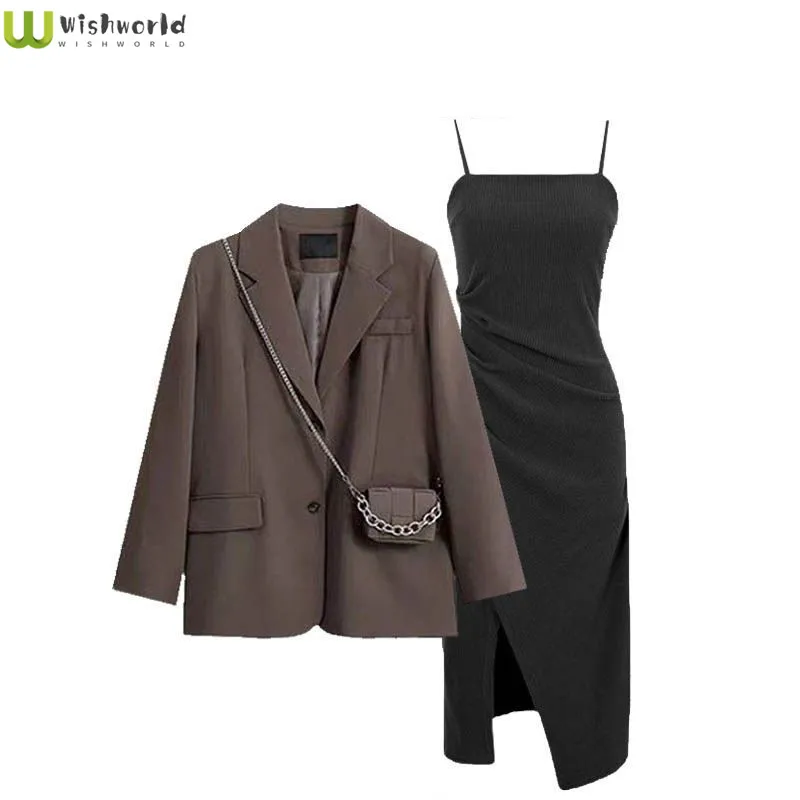 Spring Women\'s Set New Korean Long Sleeved Coat Slim and Elegant Hanging Strap Dress Age Reducing Two Piece Set