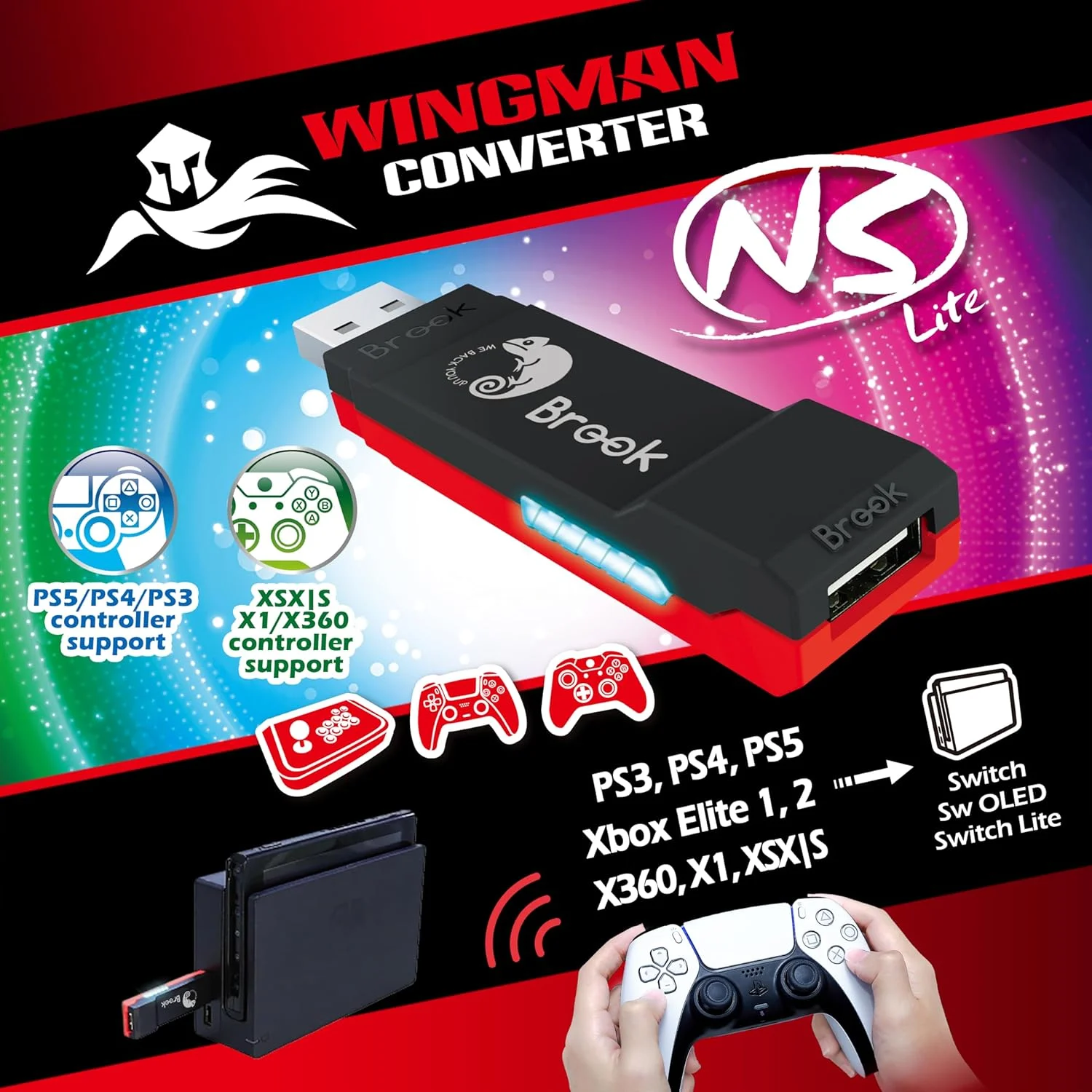 Brook Wingman NS Lite Converter- Support Xb Series X/S/One/360, PS 5/PS 4/PS 3, Xb Elite 1/2, S witch Pro