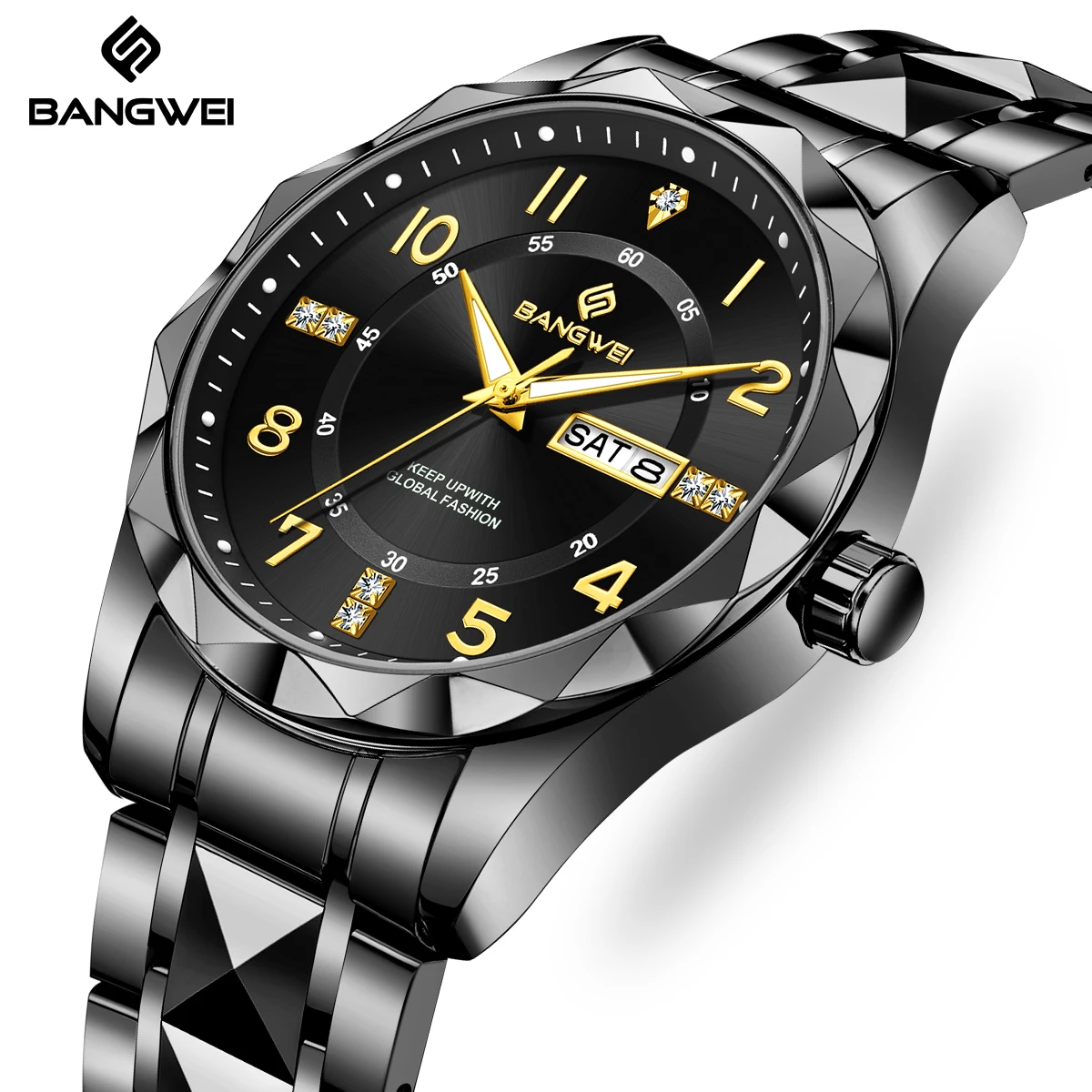 

Мужские часы BANGWEI: роскошные, модные, деловые, водонепроницаемые, с люминесцентным циферблатом, отображением даты и дня недели, кварцевые, из нержавеющей стали, наручные.