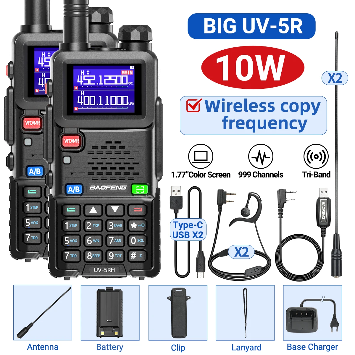 2PCS UV-5RH 10W Air Band Walkie Talkie Draadloze Kopieerfrequentie 999CH Type-C NOAA Lange afstand NOAA VOOR Baofeng UV-5R K5 Ham Radio