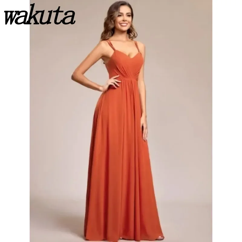 

Wakuta Elegant V-neck Pleated Desigh Backless Evening Vestidos Hidden Zipper A-line Burnt Solid Lace Chiffon Bridesmaid Dresses