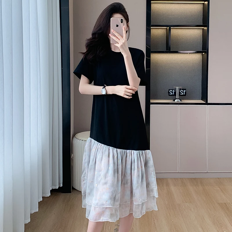 Women Cotton Long T-shirt Dresses Summer Female O Neck Short Sleeve Large Size Elegant A Line Black Mesh Patchwork Fishtail Robe