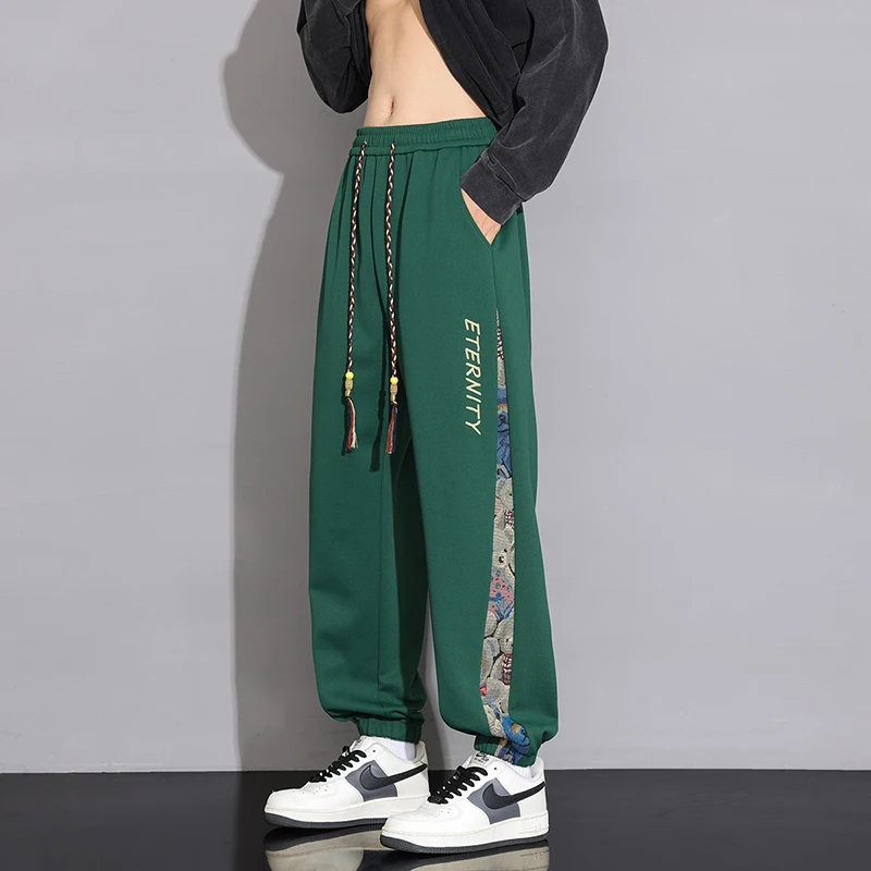 Autumn New Men's Green Splicing Trousers, Fashion Drawstring Casual Pants, White, Black, Gray Can Be Selected Pant, Asian Size