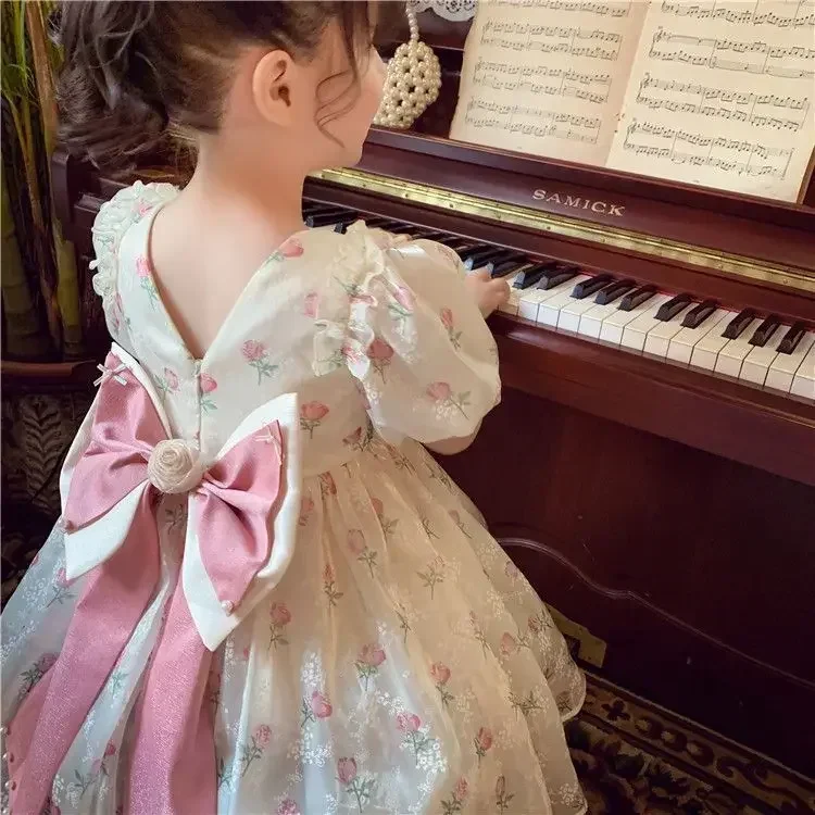 Sommer Mädchen 1–8 Jahre Blumenrosen Prinzessin Kleid Spitze abgestufte Schleife hinten Perlenakzent knielang Party Geburtstagsfeier – Detail 10