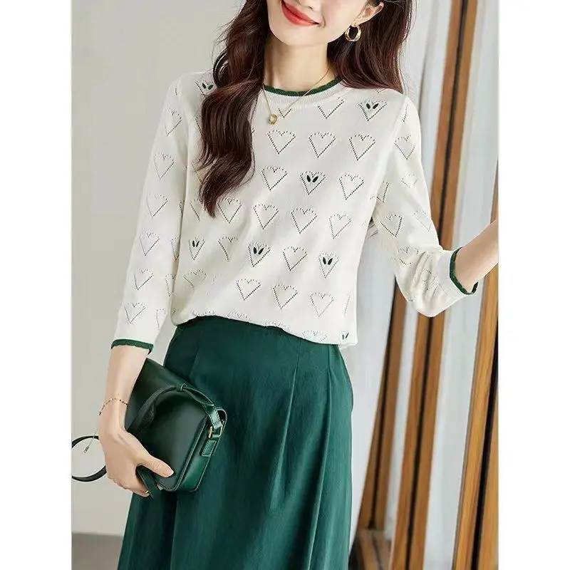 Women Clothing Solid Patchwork Pick Hole Knit Pullovers Spring Summer Casual Loose All-match Sweater Office Lady Chic O-neck Top