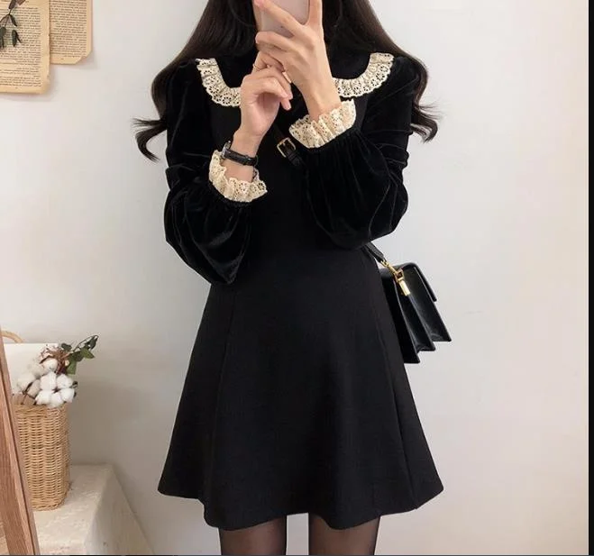 

Velvet Long Sve irt Lace Collar Lapel Sweet Sle College Girl Polyester Blend Regular Length Straight Cut Polyester Vel...