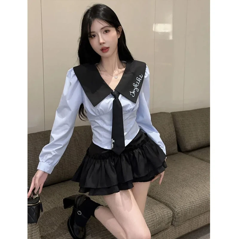 Korean Version of Sweet and Spicy College Style JK Uniform Set Long Sleeved Tie High Waisted Cake Pants Skirt Two-piece Shirts