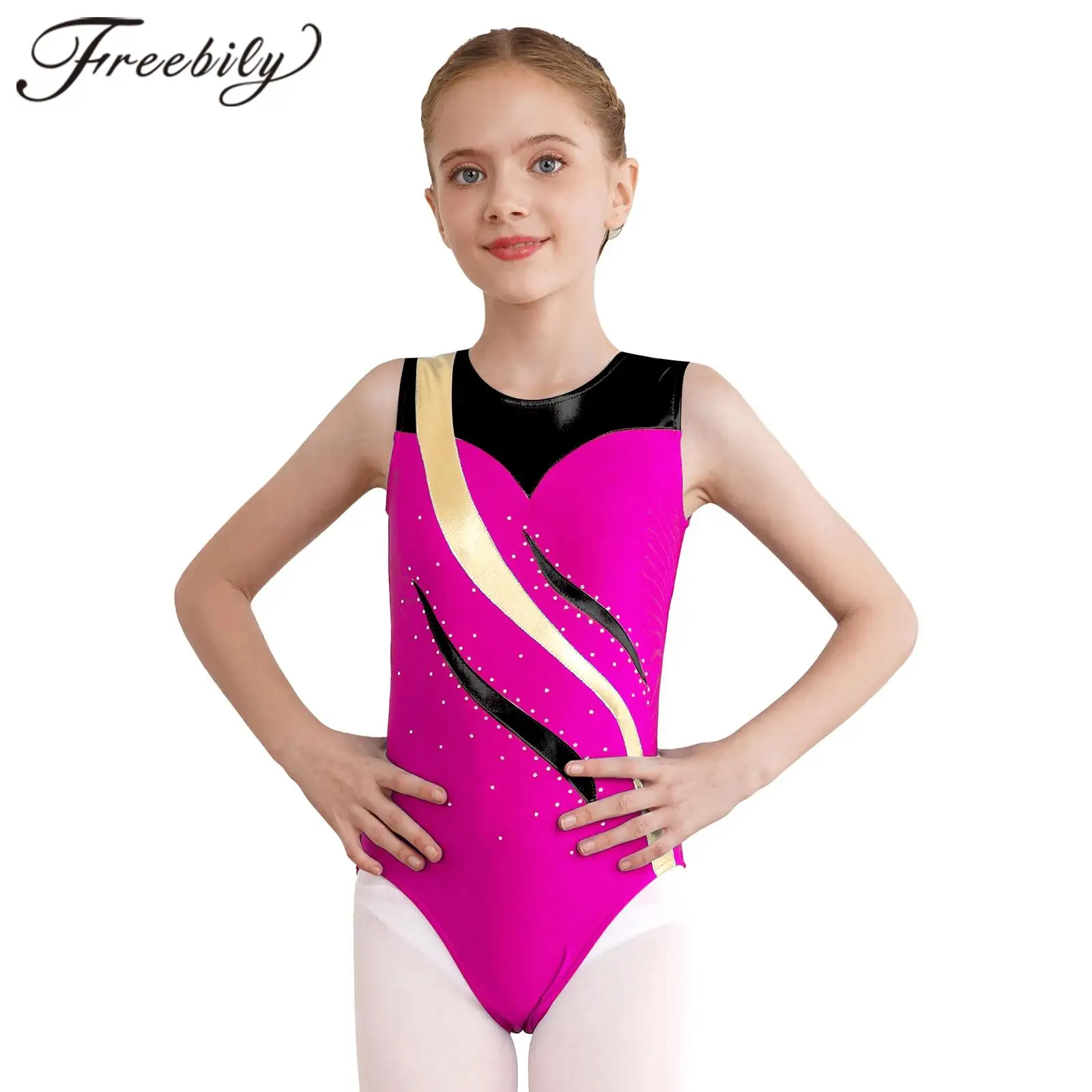 Kids Girls Metallic Contrast Color Rhythmic Gymnastics Leotard Performance Costume Children's Sleeveless Figure Skating Bodysuit