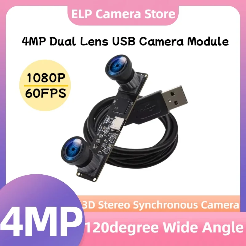 

ELP 3D Stereo USB Camera Module 120degree Wide Angle No distortion 4MP High Speed 60fps 1080P Synchronous Dual lens for Security