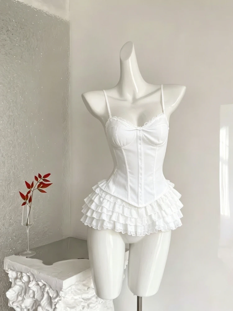 

Summer Casual sweet 2 piece set for women lace Camisole Sexy tops + Layered Cake mini skirt 2026 Pure Desire Chic Female outfits