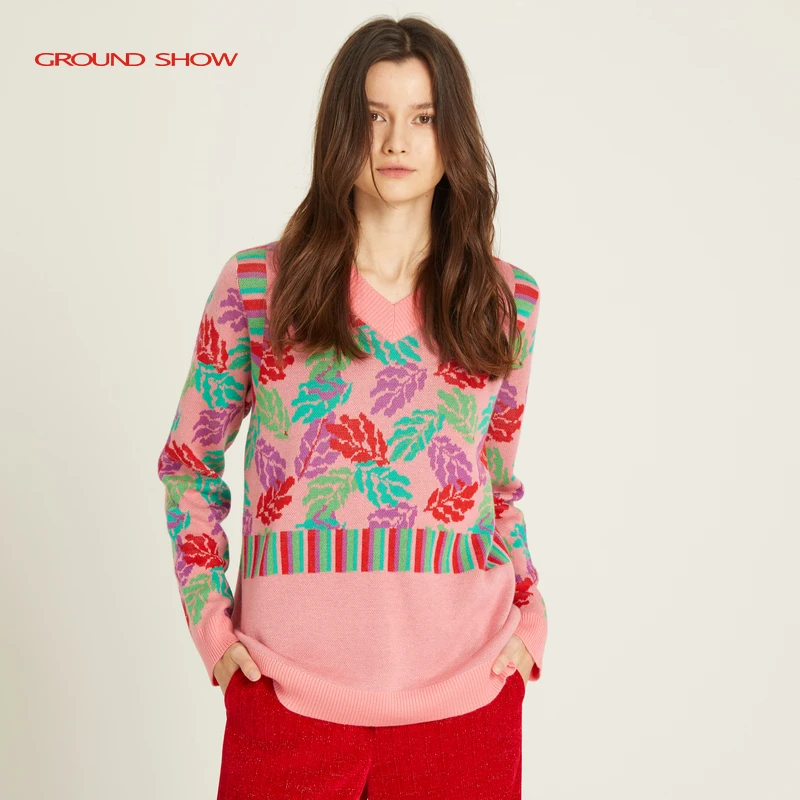 

Ground Show Wool Blend Knitted V-Neck Sweater Straight Cut Loose Fit Short Sleeve Long Sleeve Leaf Pattern Commute Style Wome...