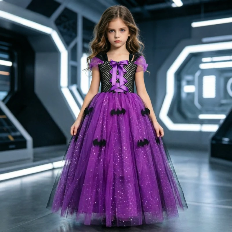 Long Puffy Dress for Girls in Purple-Black Witch Queen Style, Sparkly Single Tulle Skirt for Kids,Halloween Performance Clothes