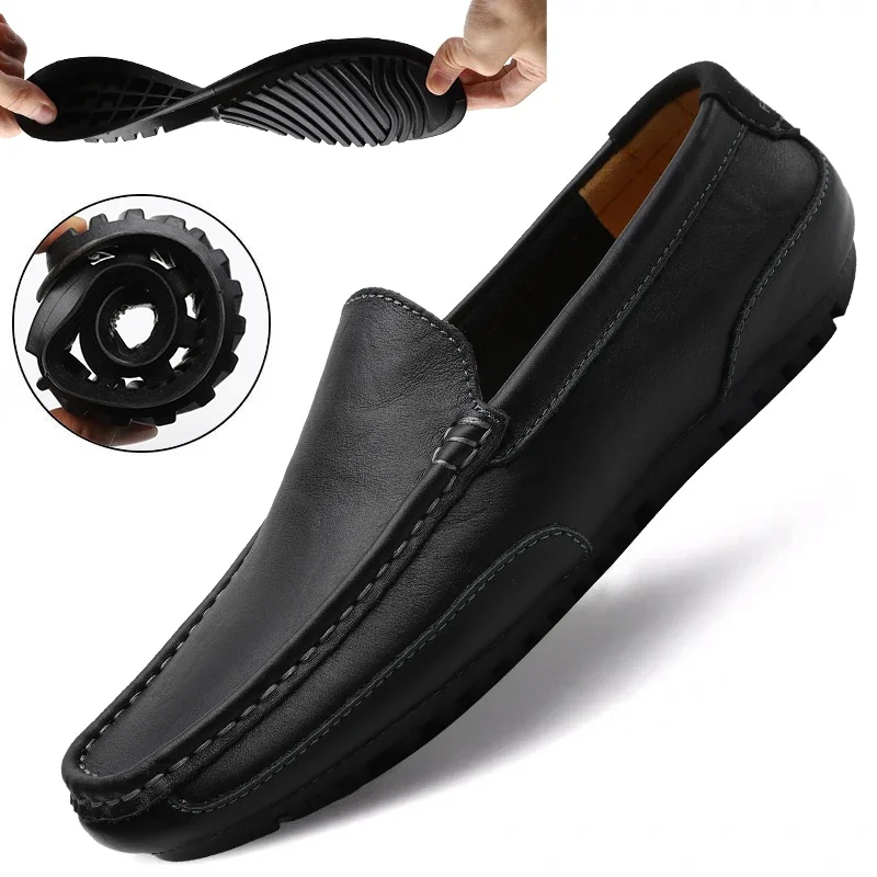 Genuine Leather Men Casual Shoes Soft Luxury Brand Mens Loafers Moccasins Breathable Slip on Black Driving Shoes Plus Size 37-47