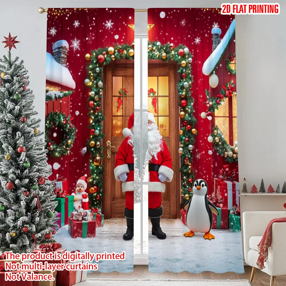 

2pcs 2D flat printing Merry Christmas Curtains Santa Claus penguin Durable 100% Polyester Fabric Without Electricity Festive