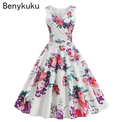 Woman 50s 60s Hepburn Style Retro Print Dress Elegant Sleeveless V Neck Floral Swing Vintage Robes Dresses for Women Summer 2026