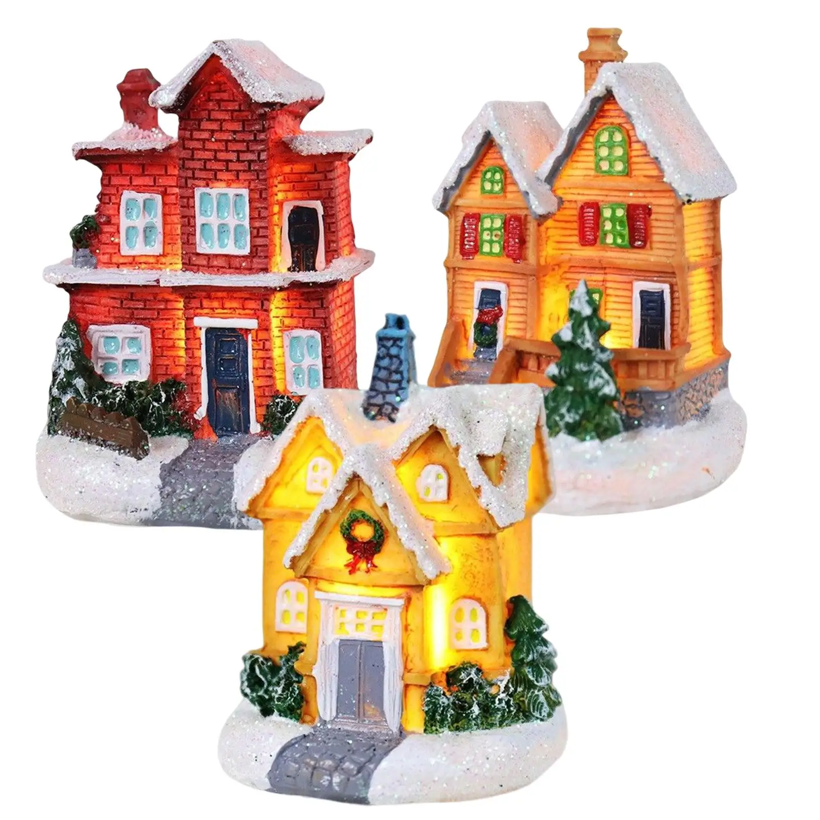 LED Lighted Houses Village Christmas Figurine Collection Winter Snow Miniature Statues Artwork for Bedroom Desk Xmas Decoration