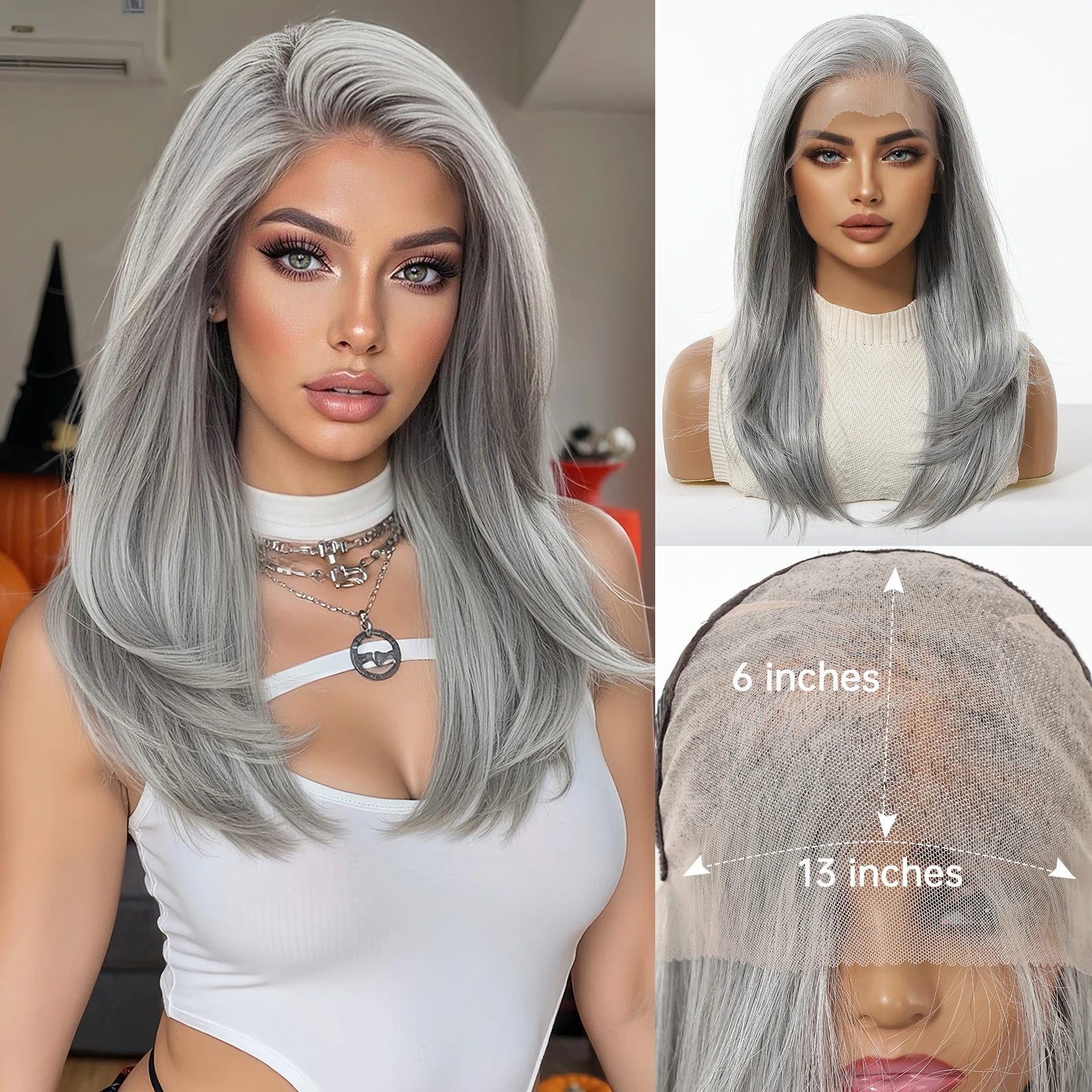 DWY Gray Straight Synthetic Lace Wigs Long Straight Gray Wigs for Women Natural Hairline 13*4 Lace Frontal Wigs for Daily Party