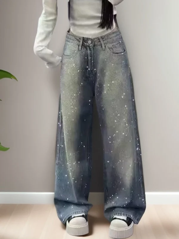

Retro Heavy Du Rhinestone Denim High Waist Wide Leg Pants Women's Premium Feeling Spring New Arrival Casual Sle Blue Jeans