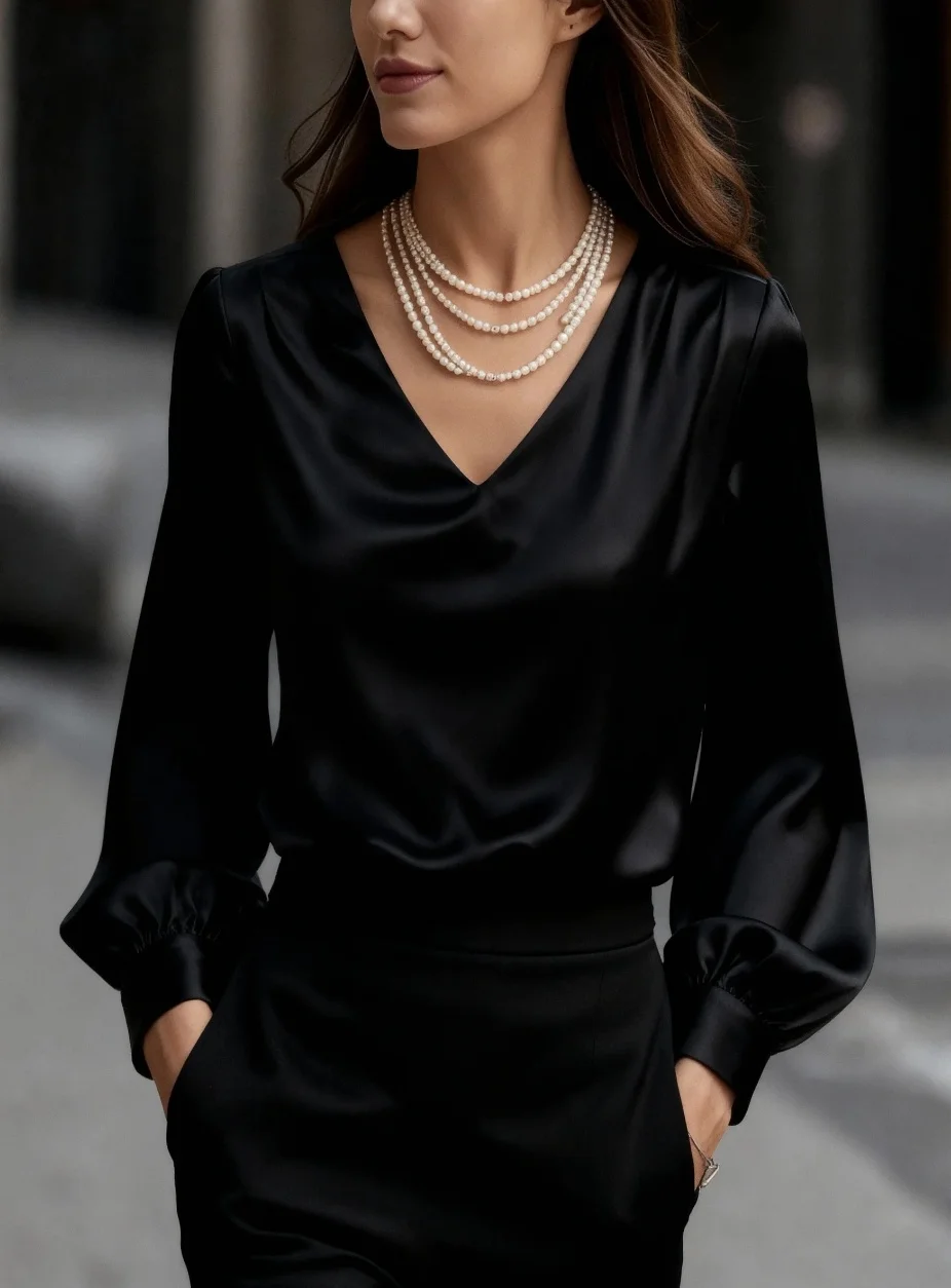 

Elegant Women's V-Neck Blouse with Pearl Layered Necklace Set - Classic Long Sleeve Top