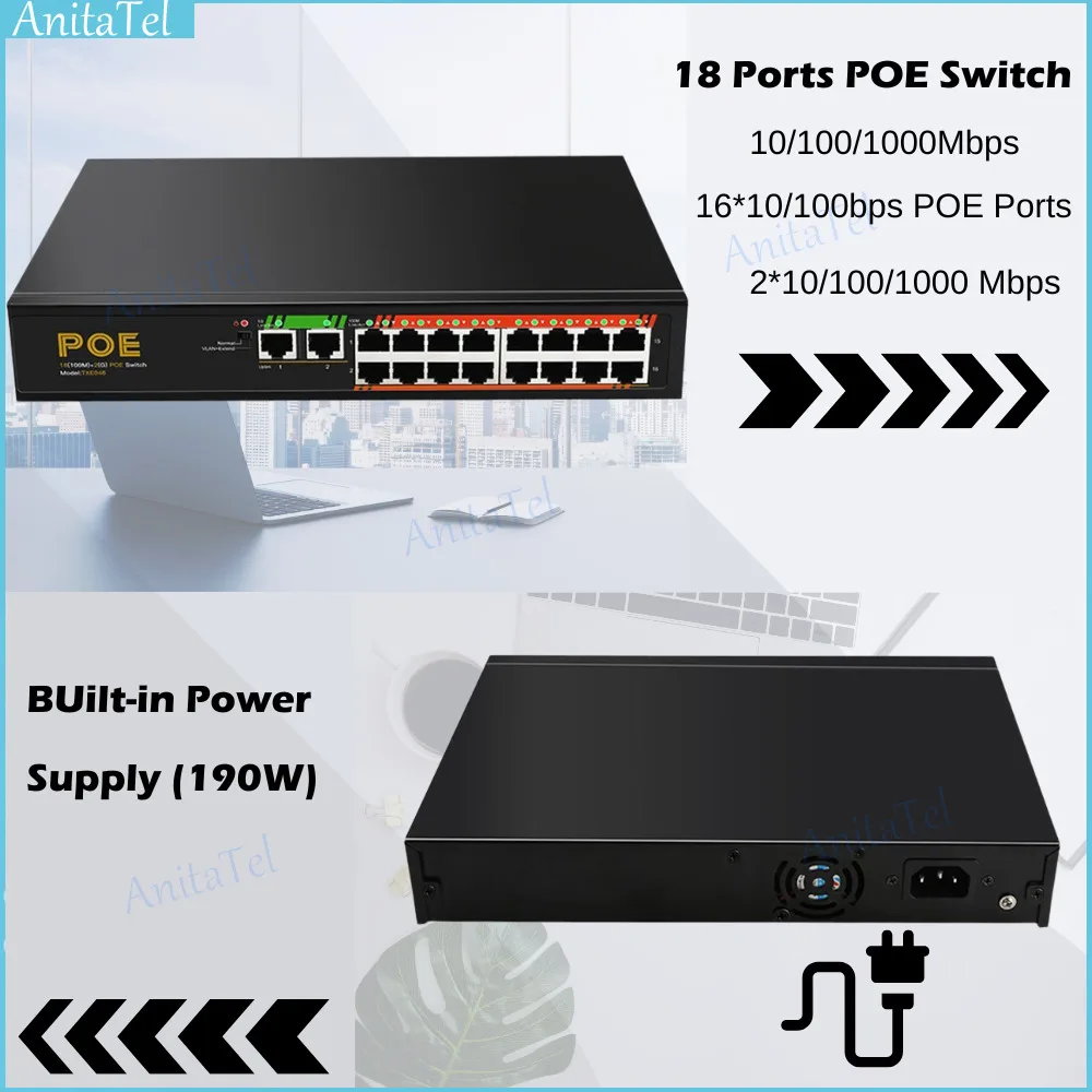 

POE Switch 100/1000 Mbps Switch Ethernet Gigabit Network 16 100Mbps Port PoE +2 Port 1000M UpLink 52V Power for IP Camera Router