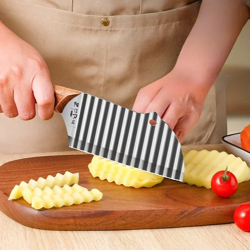 Stainless Steel potato cutter Handheld Chipper Chopper, Vegetable Salad Chopping Knife Home Kitchen Wavy Blade Cutting Tool