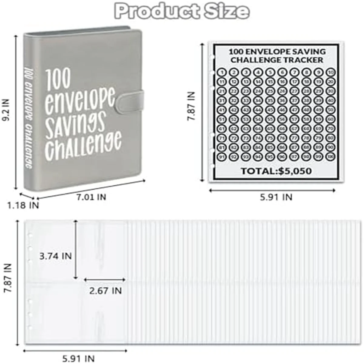 100ซองจดหมายที่ท้าทายเครื่องผูก A5ประหยัดเงินเครื่องผูกงบประมาณ-ประหยัด5,050พร้อมกับความท้าทายในการประหยัดเงินสีเทา