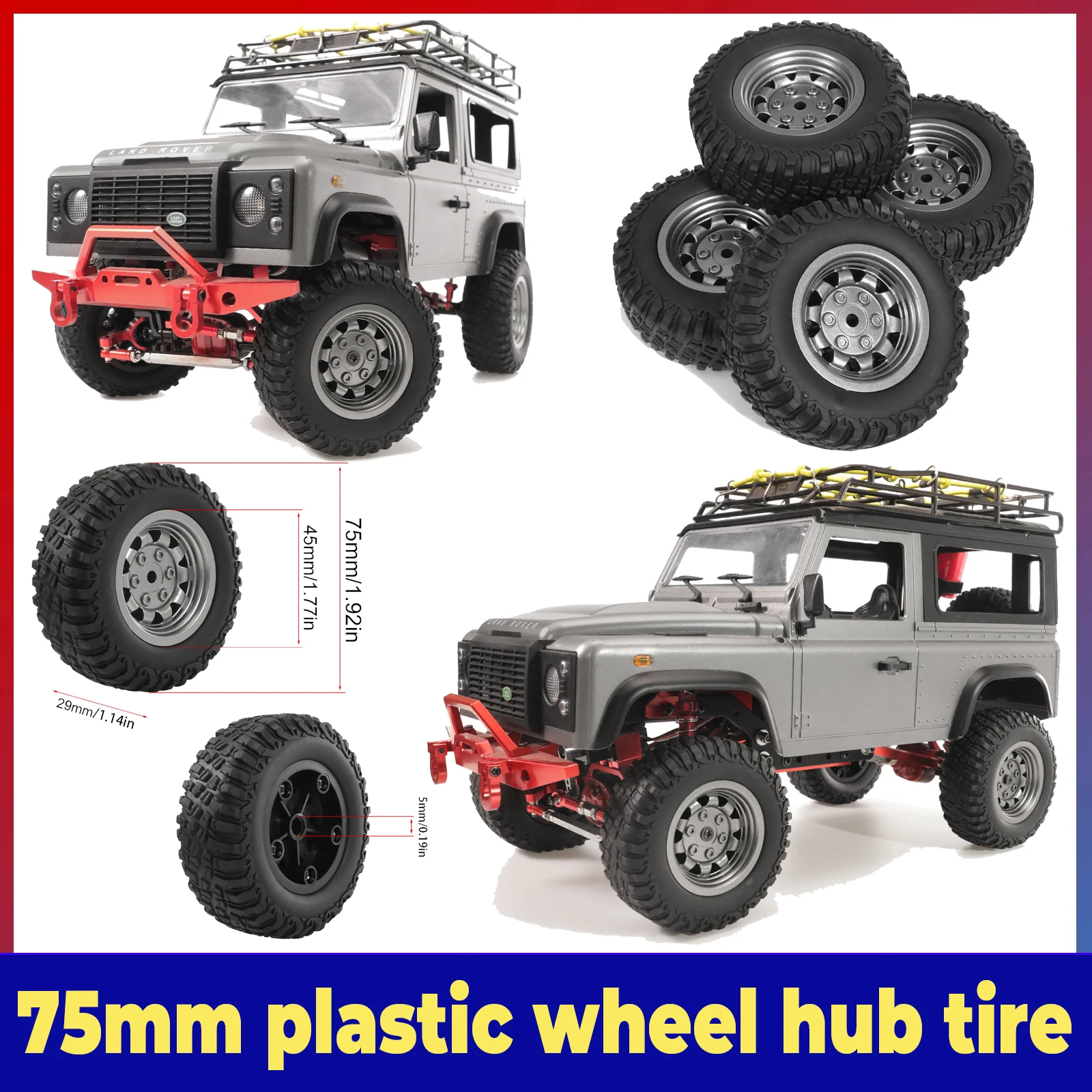 5mm Hex MN99S Rubber RC Wheels for MN98 MN82, WPL C24-1 B36 D12 C64 D74-1 Off Road Car Upgrade, High-Performance RC Tire 75mm