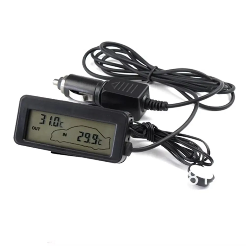 Black Digital Car Thermometer Brand Mni DC 12V Car Inside/Outside Thermometer Blue Backlit With 1.5M Cable Sensor FreeShipping