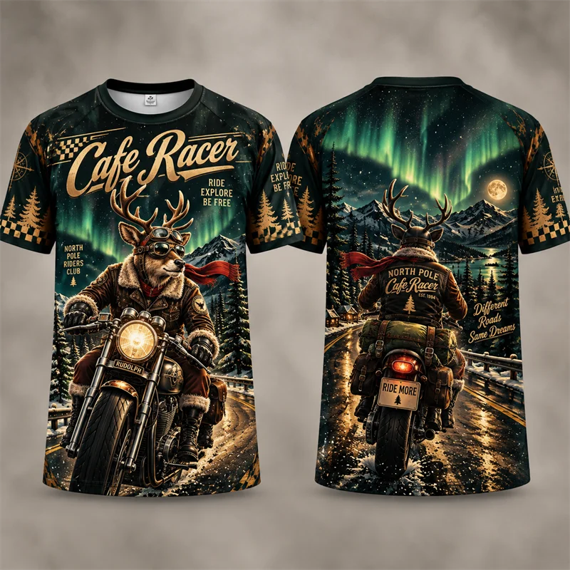 Christmas Reindeer Cafe Racer T Shirt Men Motorcycle Biker Graphic Short Sleeve Xmas Holiday Streetwear Casual Fashion Gift Top