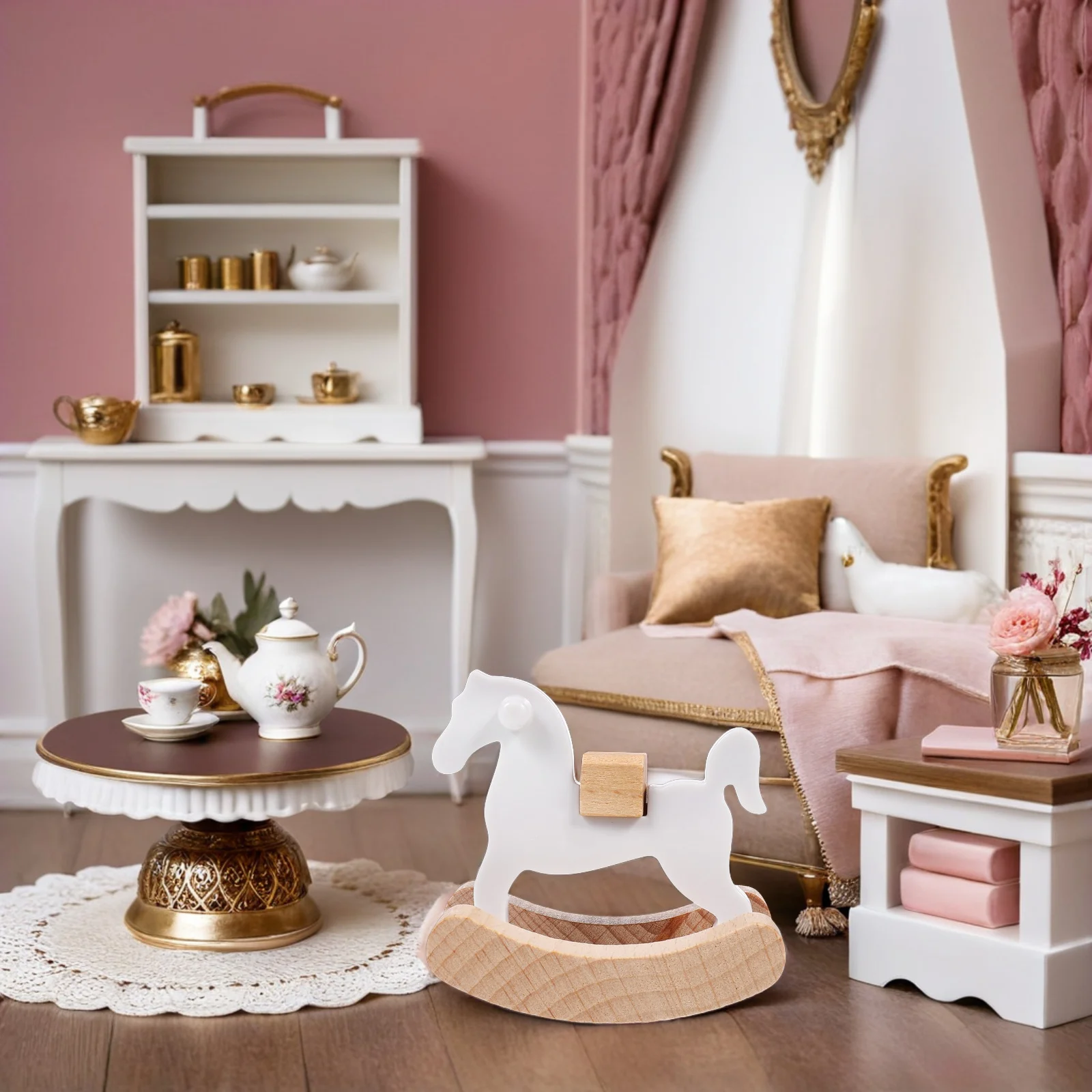 4 pezzi cavallo a dondolo in legno casa delle bambole in miniatura mobili per la scuola materna del bambino artigianato fatto a mano dettaglio esplorazione tattile animale da tavolo