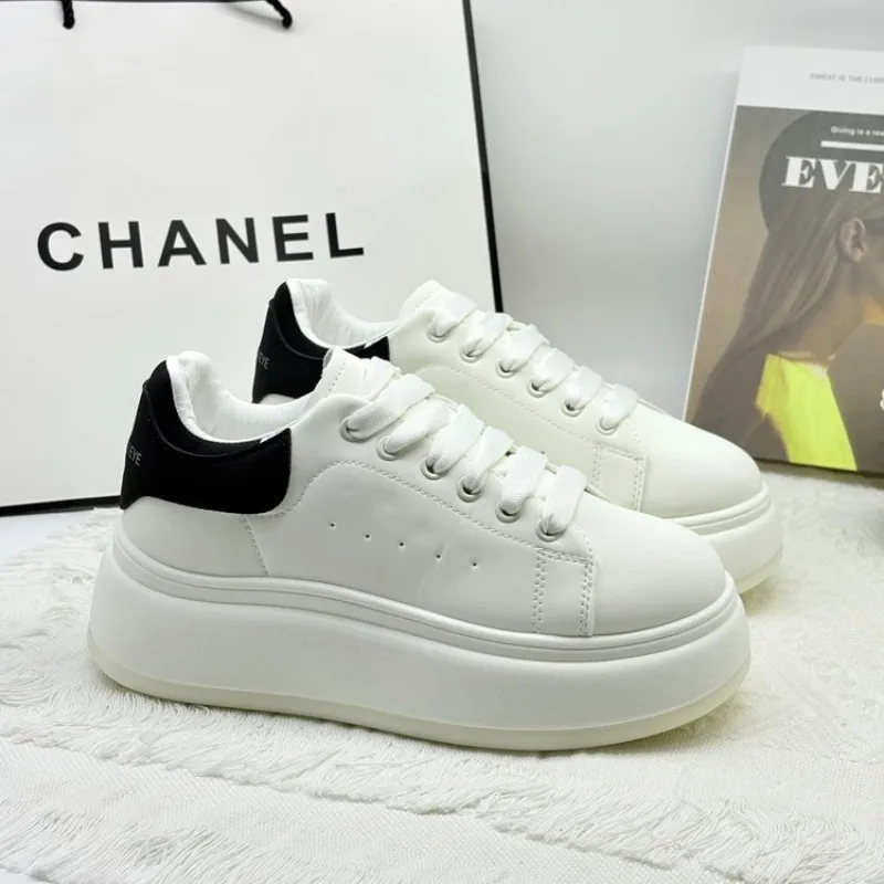 CICIMICOH Women Classic Platform Off-White Sneakers Black Colorblock Heel Chunky Height Increasing Retro Casual Lace Up Shoes