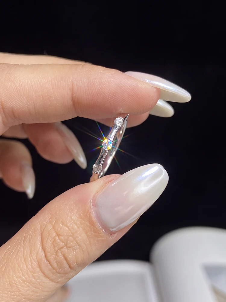 925 Sterling Silver Real Moissanite Diamond Bamboo Ring For Women Simple Anniversary High Quality Fine Jewelry