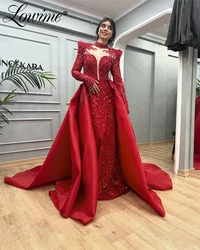 Red Celebrity Dresses Beads Sequined Engagement Gowns With Overskirt Robes De Soirée Arabic Long Sleeve Prom Dress Customized