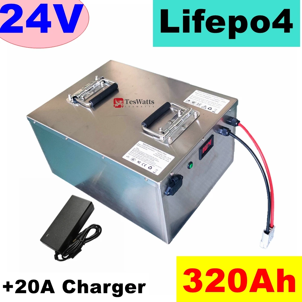 Waterproof 24V 320AH lifepo4 lithium Battery no 300AH BMS 8S for Inverter Solar RV EV AGV UPS motor bike golf cart + 20A Charger