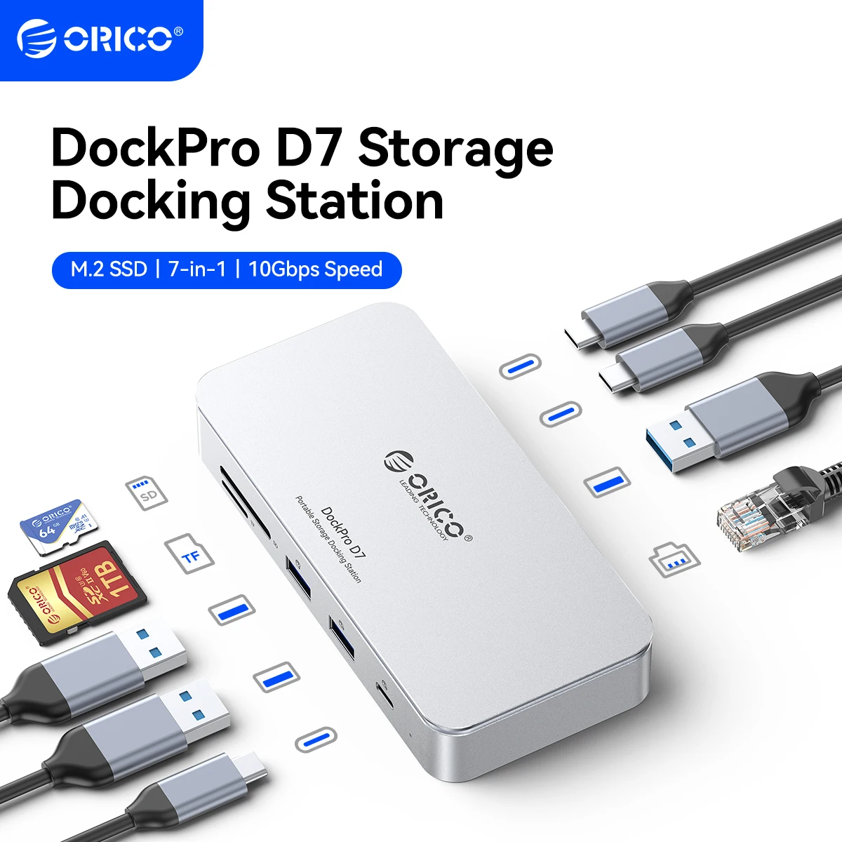 ORICO M.2 2230/2242/2260/2280 NVMe SSD Enclosure 10Gbps USB C Storage Docking Station with 8K60HZ HD DP SD/TF PD100W Charger HUB