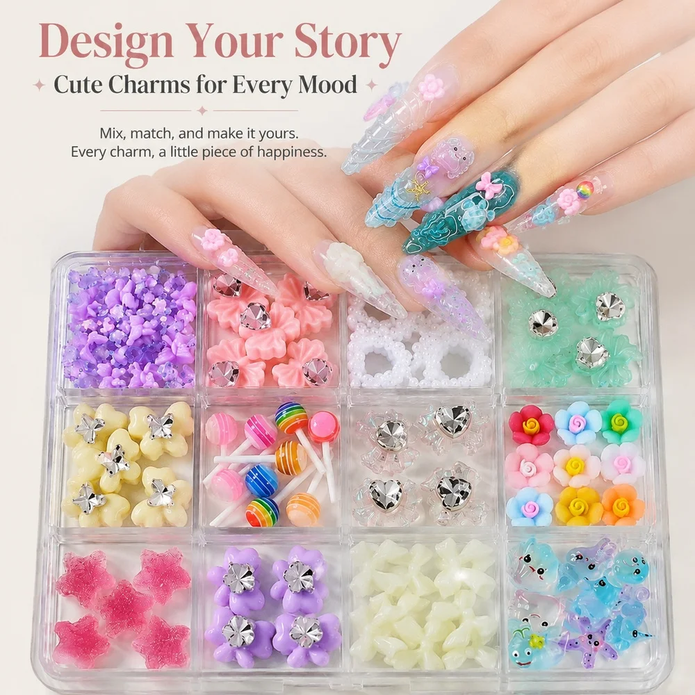 12Grids Pastel Mermaid Nail Charms Starfish Jellyfish Resin Rhinestone Flower Bow Macaron DIY Press On False Nail Art Supplies