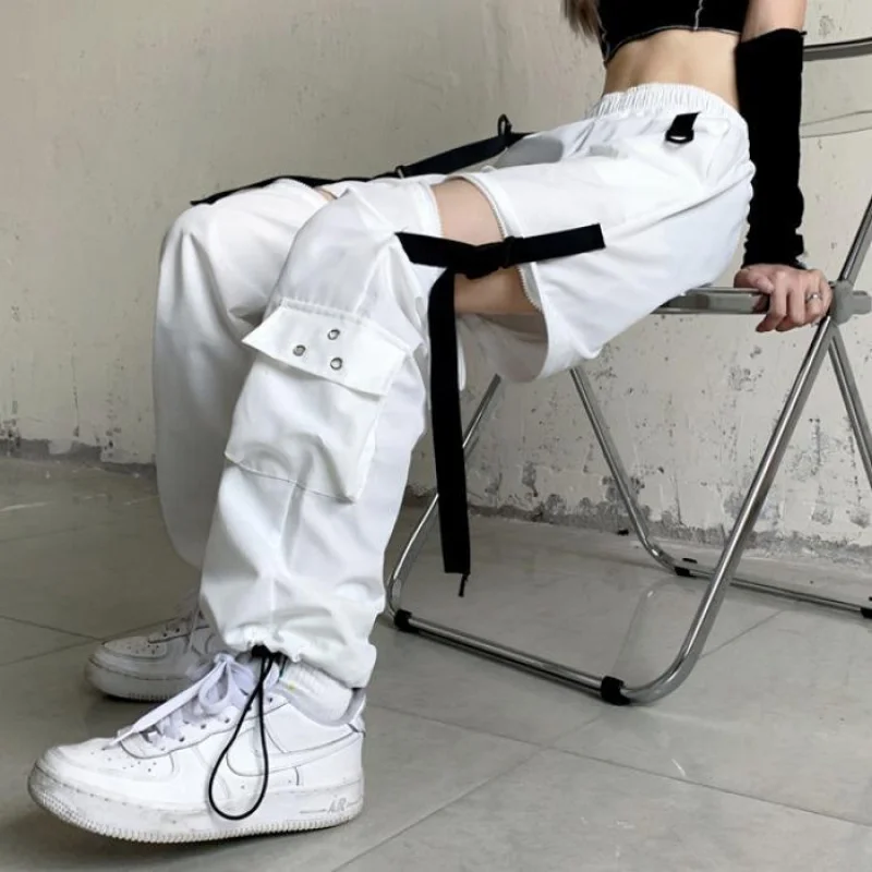 

New Street Style Cargo Pants Women Korean Version Loose Slimming Casual Straight Detachable Ripped Jogger Wide Leg Pants
