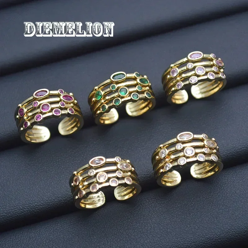 Luxury Gold Plated Multilayer Colorful Zircon Open Rings for Women Geometric Rainbow Crystal Finger Ring Simple Female Jewelry