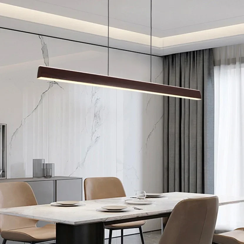 Walnut Led Pendant Light Long Strip Dining Room Kitchen Island Dimmable Droplight Bar Counter Living Room Decor Hanging Light