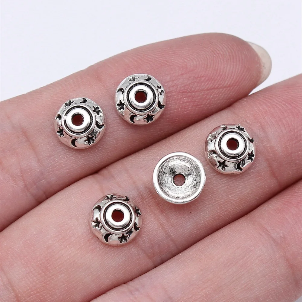 50pcs/lot 8x8mm star & moon flower bead caps For Jewelry Making Antique Silver Color 0.31x0.31inch