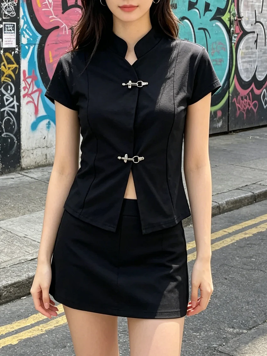 Fashionable Waist Cinching Lace Up Commuting Slimming Versatile Tops Y2K High Street Classic Stand Collar Short Sleeved T-shirts