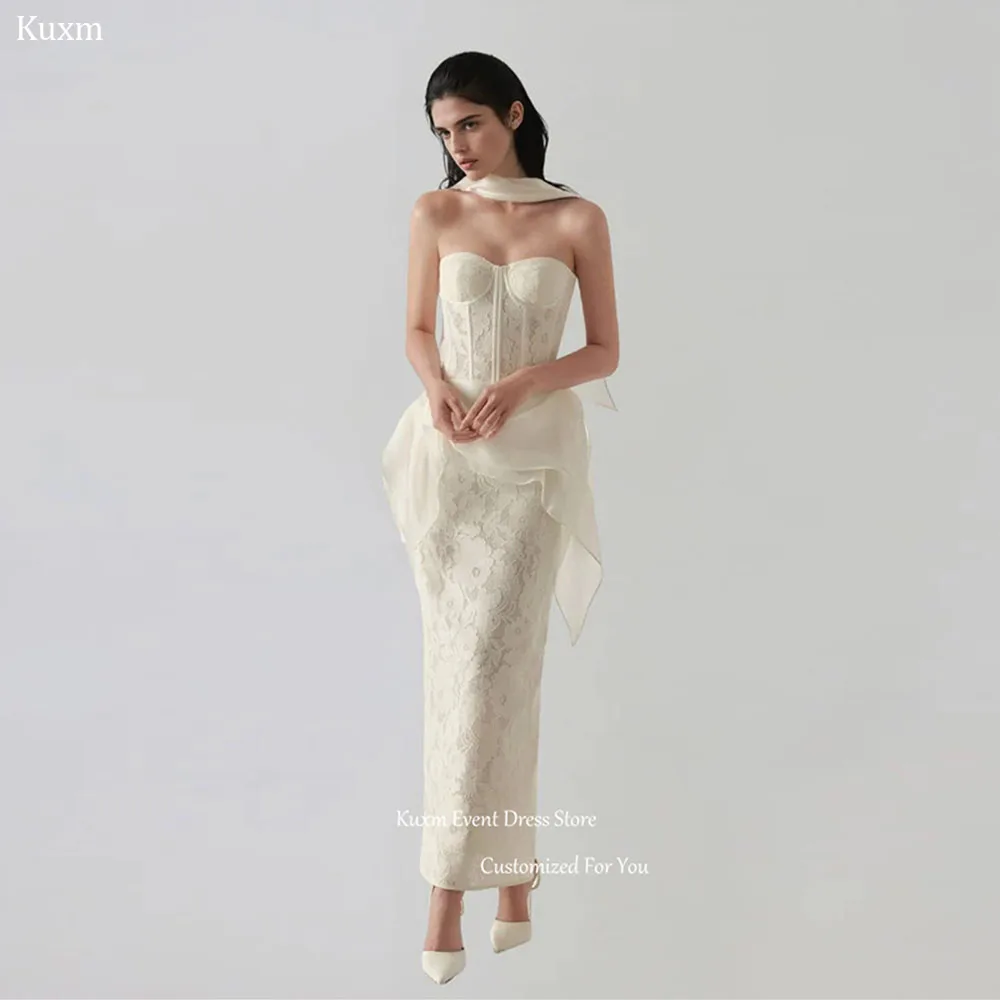 Kuxm Elegant Sweetheart Mermaid Wedding Dress Sleeveless Lace Appliques Bridal Gown Slit Ankle Length Robe De Mariée Customized