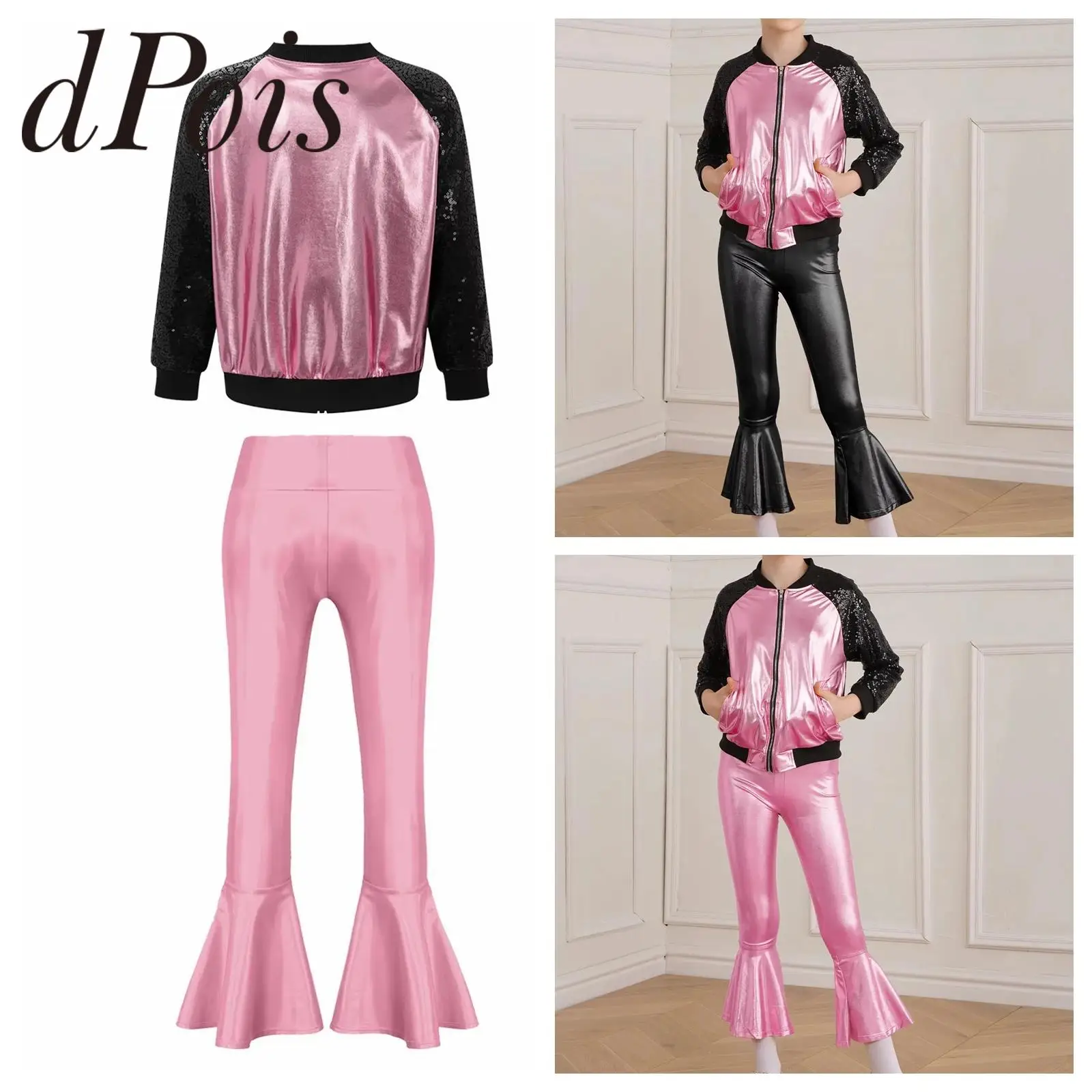 

Fashion Girls Metallic Jazz Dance Costumes Outfits for Dancing Competition Kids Shiny Streetwear Jacket Bell-bottoms Pants