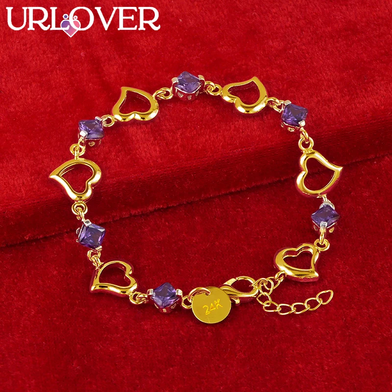 

URLOVER 24K Gold Bracelets For Woman Elegant Purple AAA Zircon Heart Bracelet Fashion Charm Jewelry New Arrivals Christmas Gift